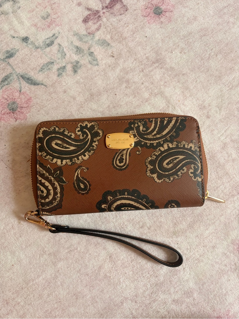 Michael Kors Brown Paisley Zip-Around Wristlet